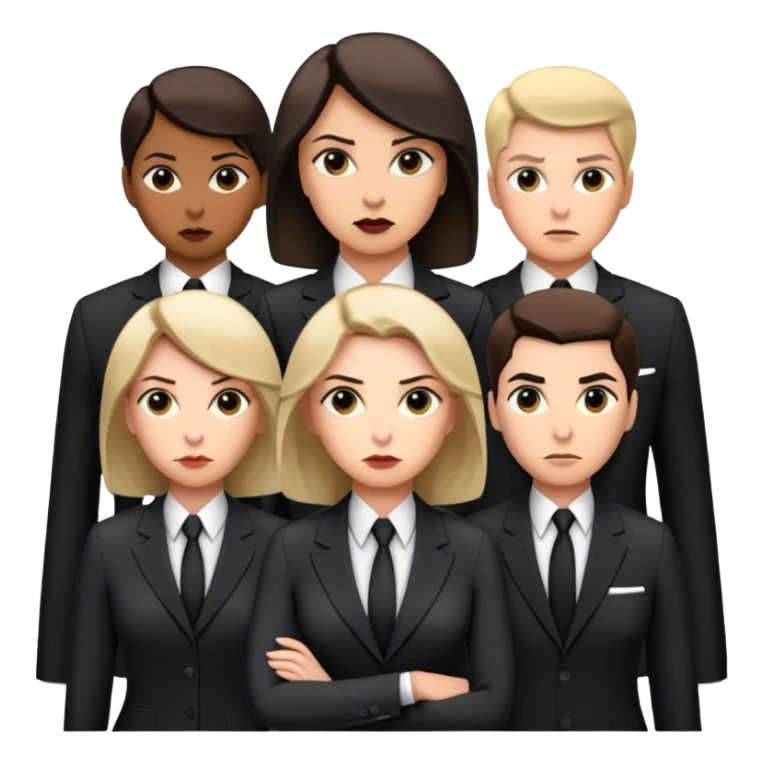 "A group of secret intelligence agents in formal suits, with one of them being a woman. They appear serious, professional, and mysterious, working together as a team." sticker