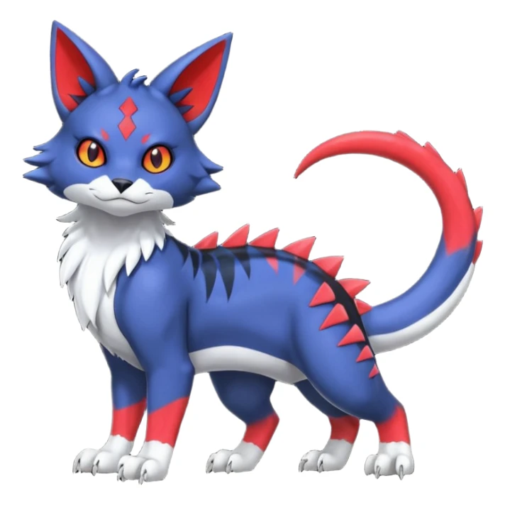 midnight blue-gray-black, with red markings, white belly, scaley scaly batty feline-like quadrupedal digitigrade furry feral Bastet-Noibat-Gatomon-Garchomp-Digimon-Fakémon-Pokémon-creature (full body) sticker