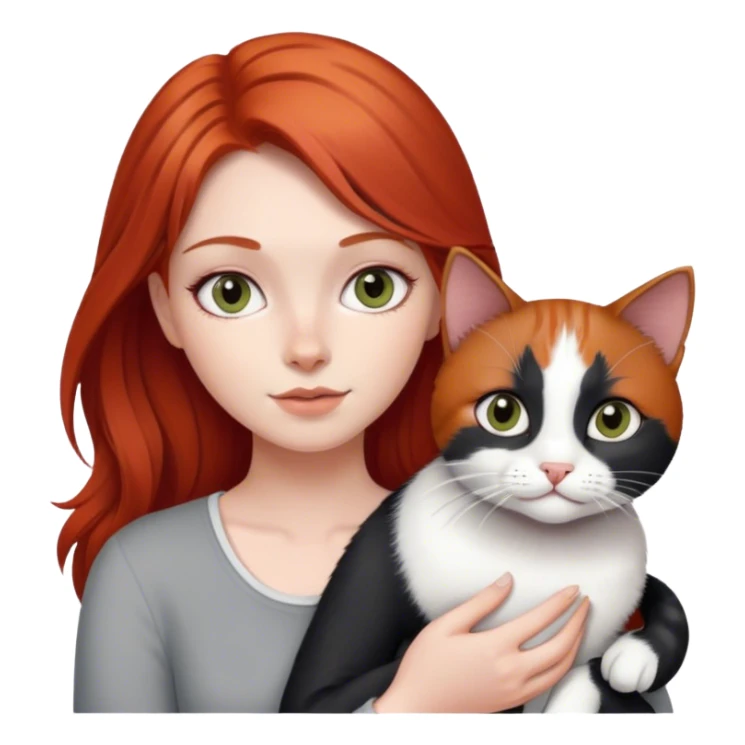 red haired girl grey eyes  with black and white cat sticker