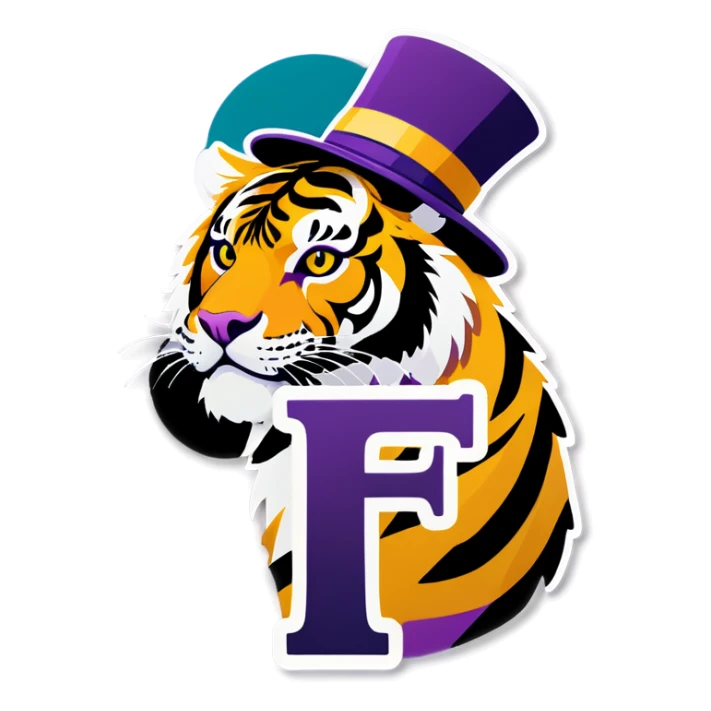Purple and gold tiger with hat on with letter F  sticker