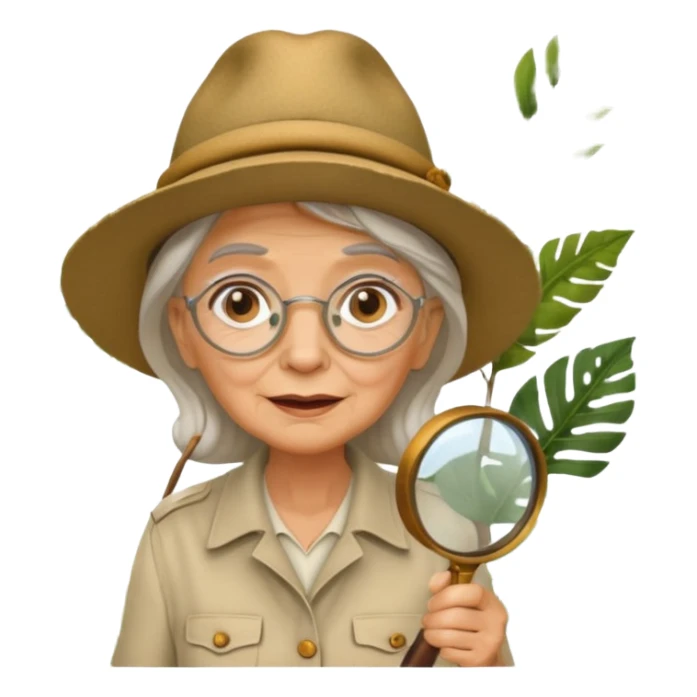 an old woman with jungle and magnifying glass sticker