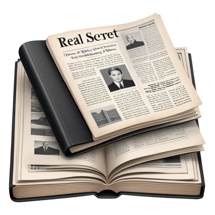 Icon for Non-Fiction & Narrative Reading: an open book with black-and-white photos on the pages, surrounded by a pile of newspaper clippings, and an open folder with top-secret documents. The icon should reflect the blend of real stories and facts in non-fiction literature. Transparent background. sticker
