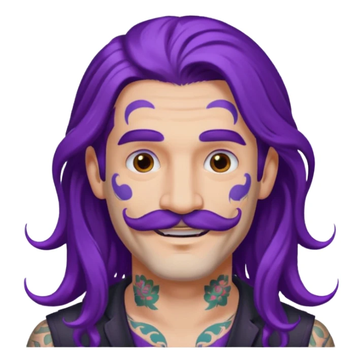  long purple haired man, mustached and face tattoes, handsome sticker