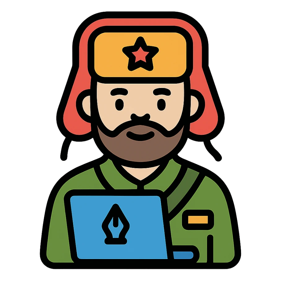 military blogger from Russian army wearing an ushanka hat sticker