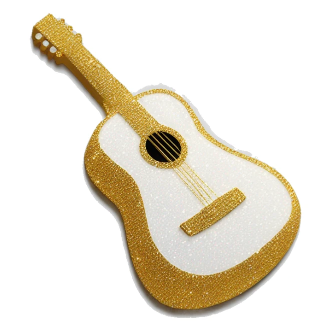 White acoustic guitar covered in white glitter and white rhinestones sticker