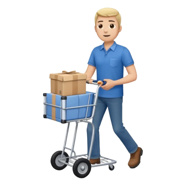 hombre llevando en un carrito un paquete de envio sticker