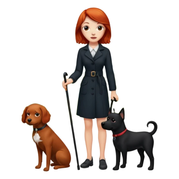 Red headed woman with a cane and a black dog sticker