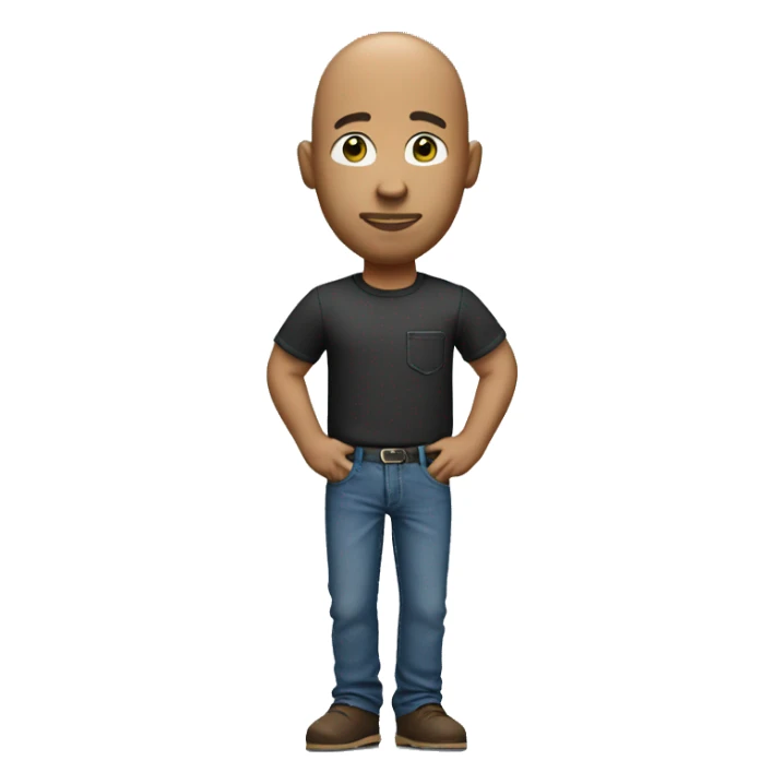 Standing bald man with a wine t-shirt with a pocket, jeans pants sticker