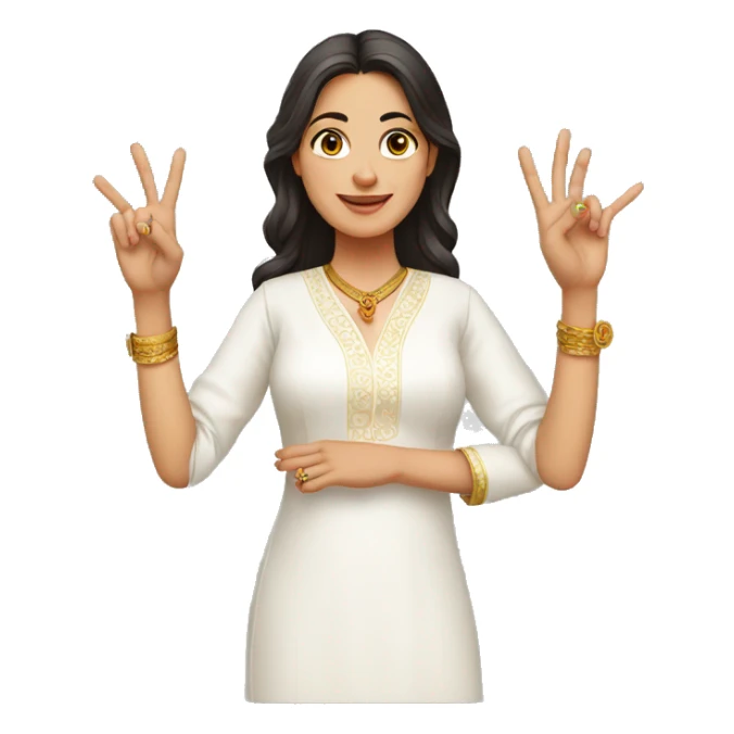 A lady with white kurti showing three fingers in one hand sticker