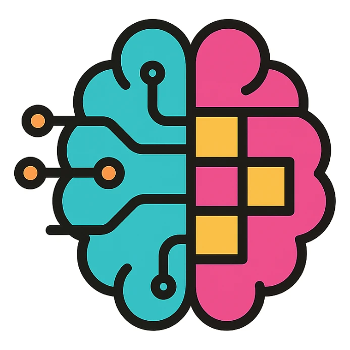 icon with a brain made of circuit lines representing AI on one side and a chessboard pattern representing strategy on the other side blending at the center in a sleek minimal style sticker