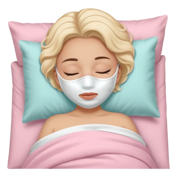 Girl sleeping peacefully with a white beauty face mask on, self care routine. baby pink bedding  sticker