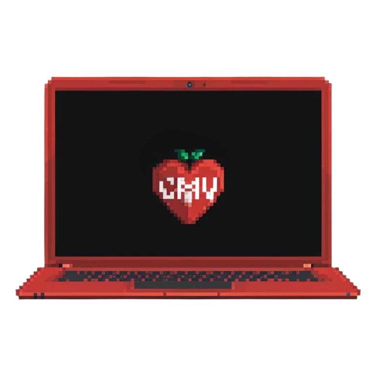 a red laptop having a logo that says cmv on the back of it sticker
