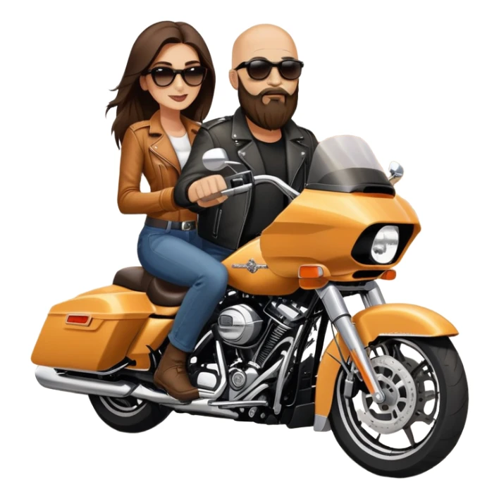 Harley Davidson road glide bearded bald sunglasses man  with brunette girl  pillion sticker