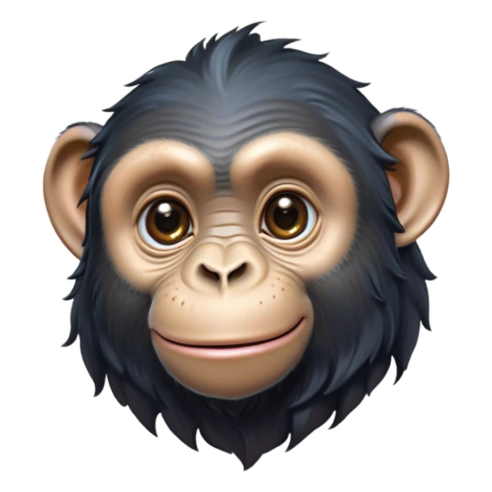 Cinematic Cute Chimpanzee Portrait Emoji, Head tilted playfully and inquisitively, with a smooth, expressive face accented by softly ruffled fur and round, sparkling eyes full of mischief, Simplified yet irresistibly adorable features, highly detailed, glowing with a warm, friendly glow, high shine, affectionate and lively, stylized with a touch of whimsical charm, soft glowing outline, capturing the essence of a mischievous yet loving chimpanzee that feels like it could leap out of the screen into your arms! sticker