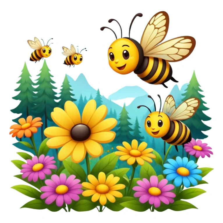 butterfly and bee flying near flowers in a forest, cheerful expressions sticker