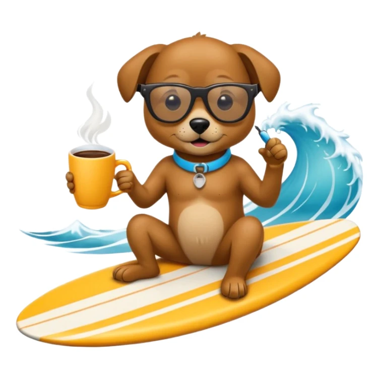 Un perro en una tabla de surf, suefeando una taza de café  sticker