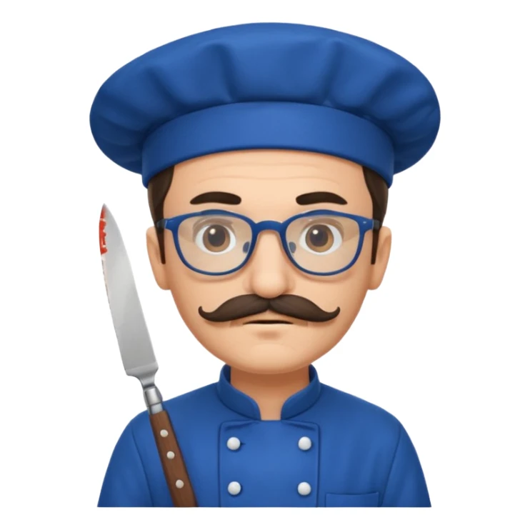 italian chef, blue uniform, with mustace, wearing glasses, holding knife sticker