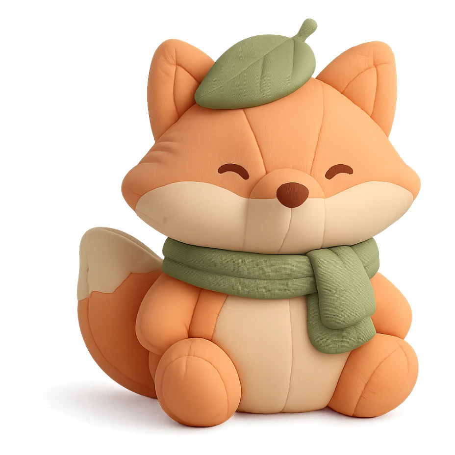 fox wearing a leaf hat and scarf, cute autumn soft style, soft pastel colors, cushion style sticker