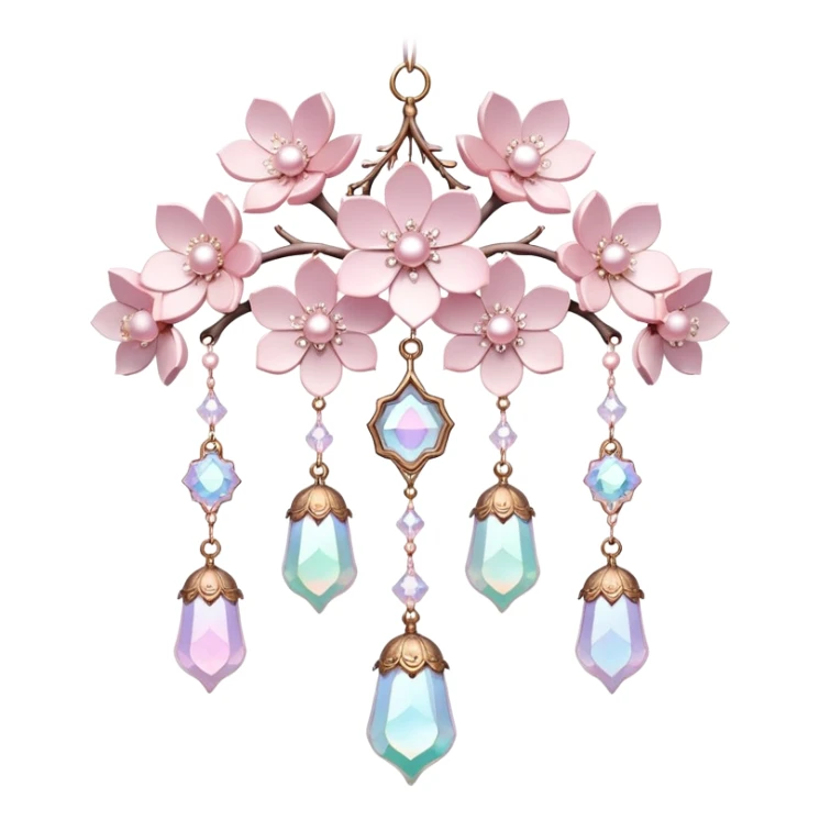 Hanging Iridescent pastel pink sakura crystals white-pearly suncatcher with bell sticker