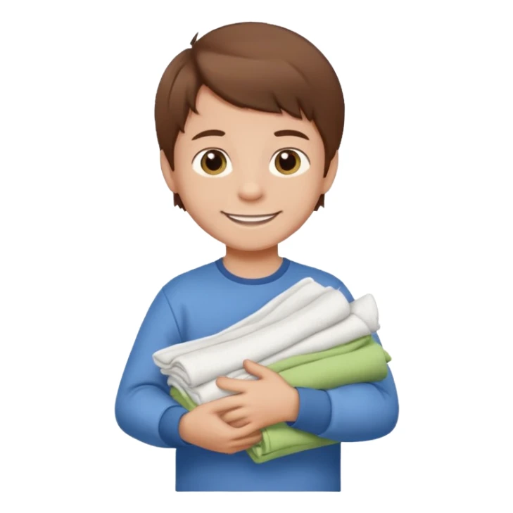 Little boy with brown hair smiling and carrying a stack of clean folded clothes sticker