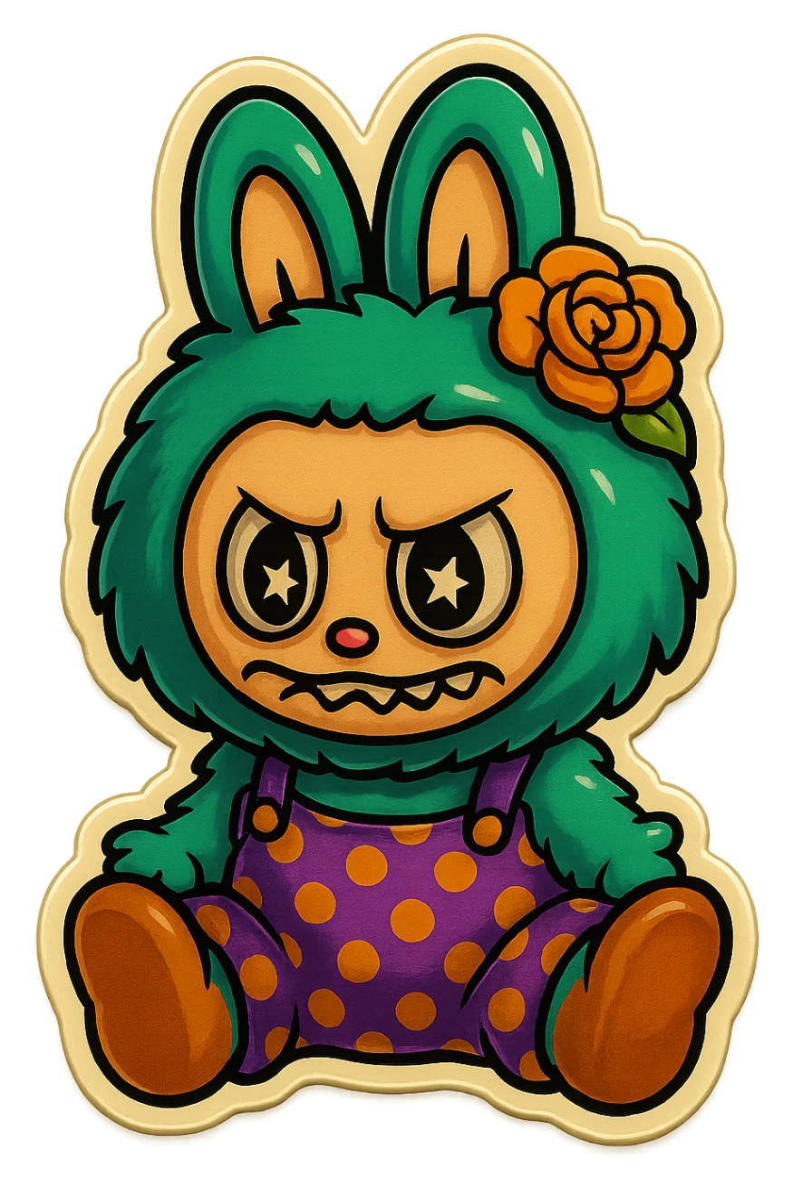Change the green bunny character's face to an angry, frowning expression, keeping the style and quality the same. sticker