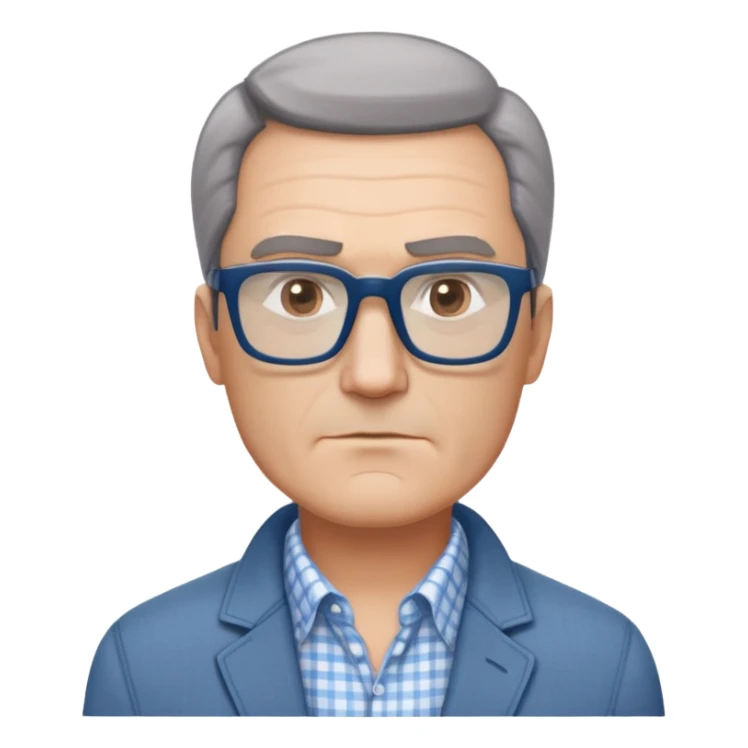 50-year-old man with square face, large dark square glasses, short straight hair combed to the side with some gray. Serious-relaxed expression with subtle age lines. Light gray jacket, white shirt with blue checkered pattern. sticker