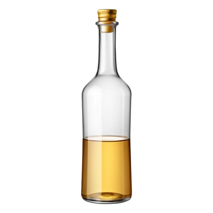 tall clear glass bottle with long neck and straight sides filled with transparent white rum, minimal neutral-toned or blank label, metallic screw cap or cork, colorless dense liquid suggesting strength, no branding, no garnish, soft lighting, subtle shadows, emoji scale sticker