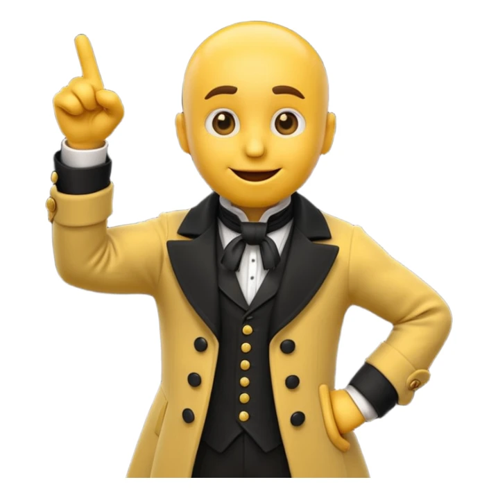 3d yellow emoji character passionately pointing while wearing victorian coat and cravat, dramatic confident face, early 2000s cgi emoji style, white background sticker