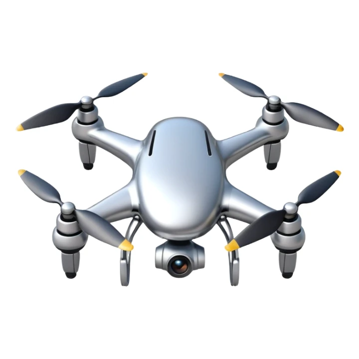 A futuristic drone emoji made of polished silver chrome, smooth rounded body, minimal propellers, reflective metallic surface, soft studio lighting, iOS emoji style, centered, clean white background sticker