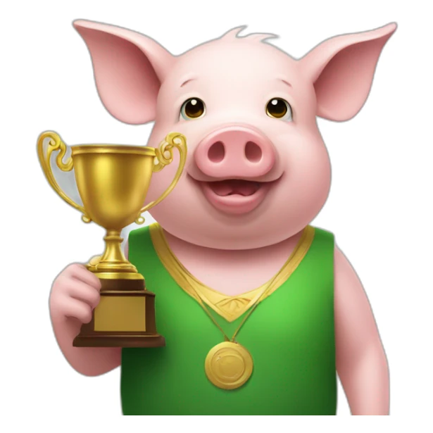 a pig wearing green clothes with a trophy sticker