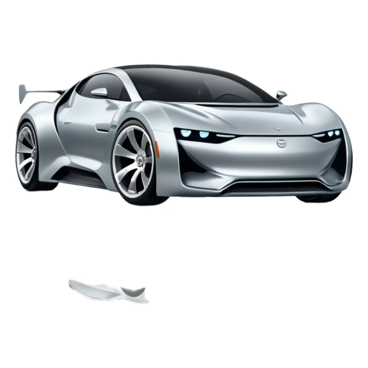 A low-profile futuristic car emoji made of polished silver chrome, wide body stance, smooth aerodynamic shape, glossy metallic surface, soft reflections, luxury swag aesthetic, minimal details, iOS emoji style, centered on clean white background, studio lighting sticker