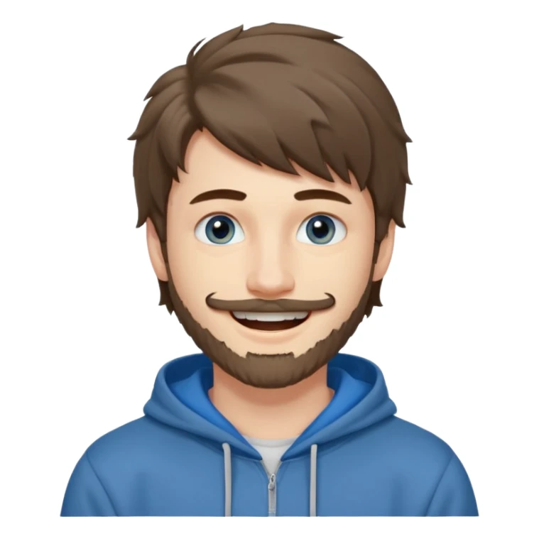 20 year old man, short scruffy beard and thin moustache, brown puffy mullet, blue eyes, big smile, white teeth, big lips, pronounced jaw, hair longer in back, sticking up on top, thin face, grey hooded sweatshirt, pale skin, big smile, blue eyes, puffy hair that is long in back sticker