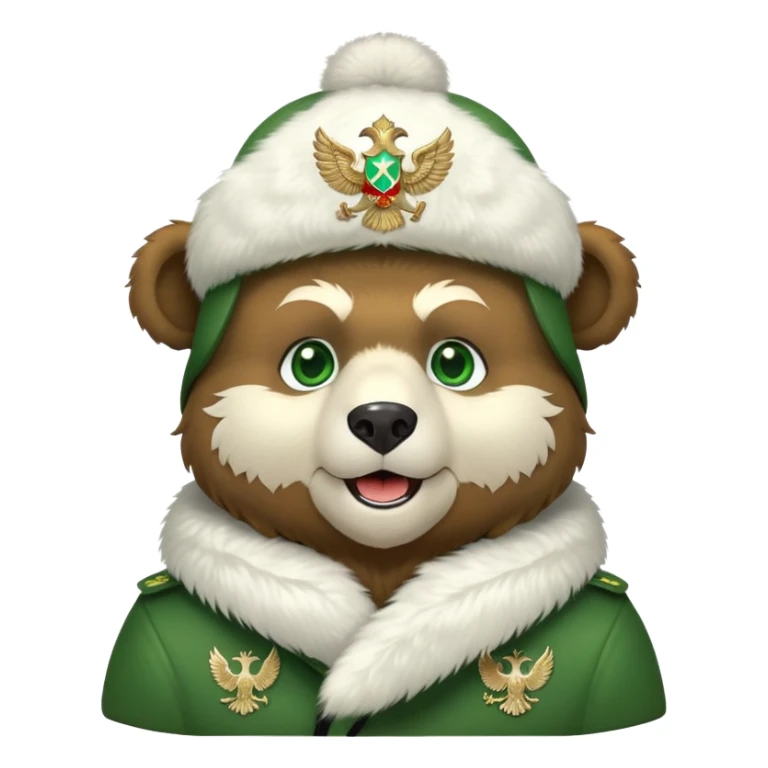Happy Russian bear with bright green eyes, white fur ushanka hat with double-headed eagle insignia, cute facial expression sticker