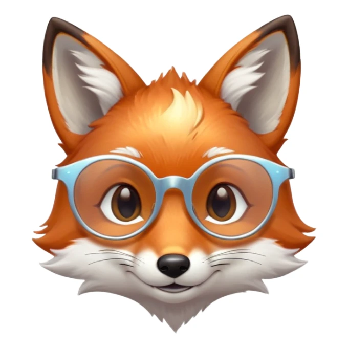 A gentle fox with iridescent fur, a glowing tail, a silver star on its forehead, and round glasses, smiling softly with closed, happy eyes sticker
