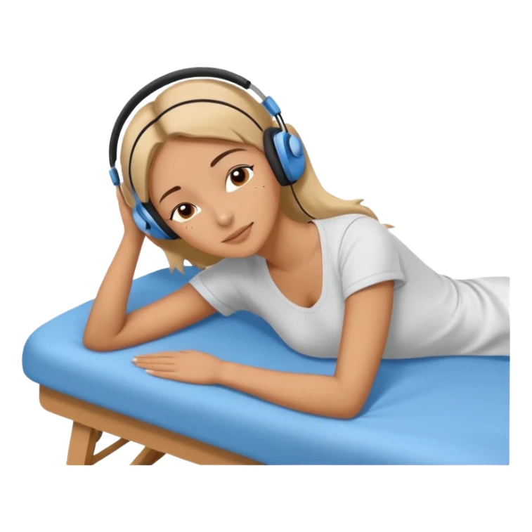A stylized young woman lying on a massage table, relaxed, wearing headphones, small musical notes around the head. Flat vector style, thick black outline, simple palette (warm beige-brown tones + accent blue), clean background, high legibility at small size. 72x72, square, vector. sticker