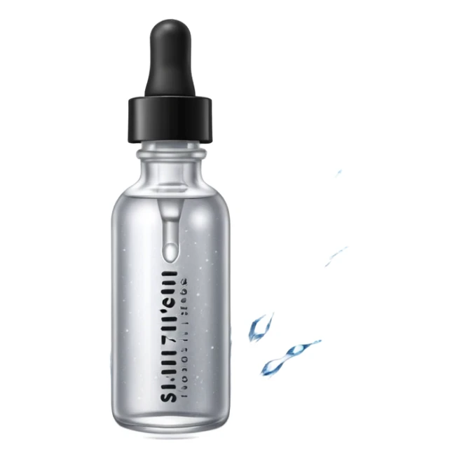 Slim clear dropper bottle with white cap and minimal black text label. Floating above a silver ripple, with icy shimmer rings pulsing outward. Surrounded by tiny frozen sparkles and wrinkle-smoothing energy beams. Looks like a precision anti-aging serum potion — sharp, cold, and potent. sticker