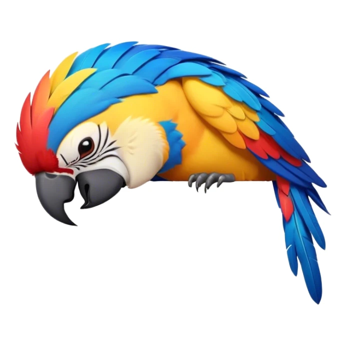 Meme-Worthy cute Sleeping Macaw Portrait Emoji, Head resting peacefully with a contented smile, showcasing a cascade of colorful feathers and eyes gently closed in serene slumber, Simplified yet comically adorable features, highly detailed, glowing with a soft, drowsy tropical light, high shine, relaxed and utterly lovable, stylized with an air of playful laziness, bright and heartwarming, soft glowing outline, capturing the essence of a sleeping parrot that feels destined to become the next viral icon of adorable rest! sticker