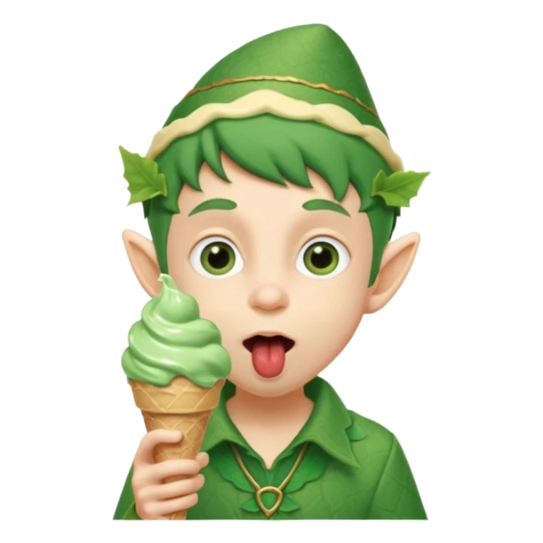 
A young elf boy in leafy clothes licking a triple-scoop ice cream with wide eyes.

 sticker
