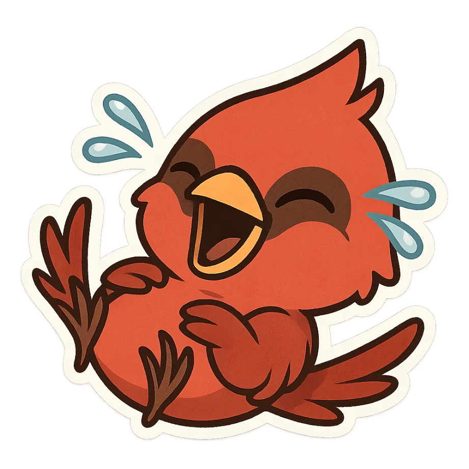 Chibi male red cardinal rolling on his back laughing uncontrollably, wings in the air, eyes squeezed shut, tears flying sticker