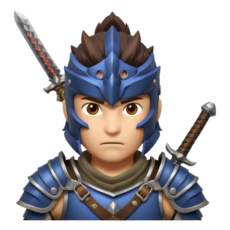 fantastic monster hunter warrior portrait, head and shoulders only, metal shoulder armor, sword strap visible, battle-worn look, intense expression, 3D cartoon, mobile game icon style, clean background, no text, no watermark
 sticker