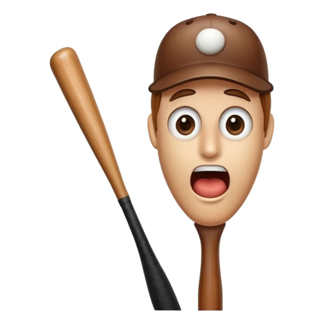Classic wooden baseball bat with a face having round eyes, a small nose, and a surprised mouth sticker