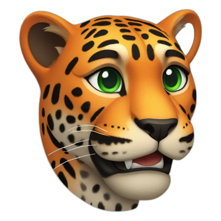 pixar like image orange jaguar green eyed athletic with liht smile with black tshirt with the word BALAM written on it sticker