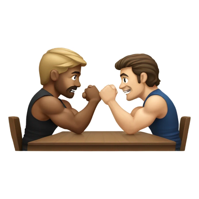 Two men armwrestling sit in front of a table. White men. Brown hair  sticker