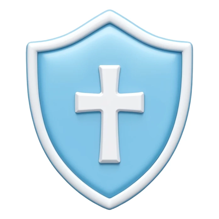A cute 3D render icon of a protective shield. Rounded edges, plump, glossy plastic material. Sky blue and white color palette. A subtle, soft white cross or heart symbol embossed in the center. Clean studio lighting, soft shadows. Isolated on a light pastel background. Minimalist design. sticker