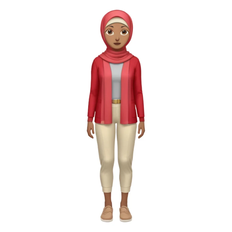 woman with medium-brown skin wearing a light red hijab, cream top, light red pants, tan shoes, and a visible gray below-knee hook-shaped prosthetic leg. Standing confidently with one hand on her hip sticker