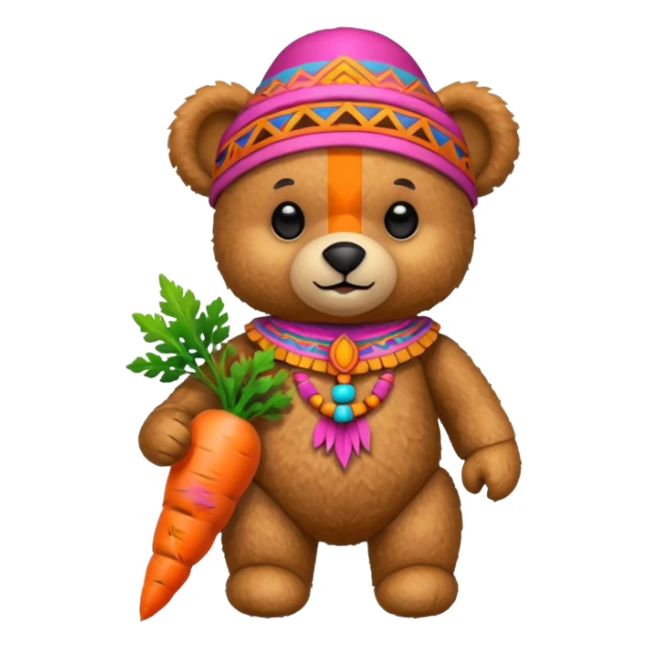 teddy bear, wearing pink mayan ancient custome, with carrot sticker