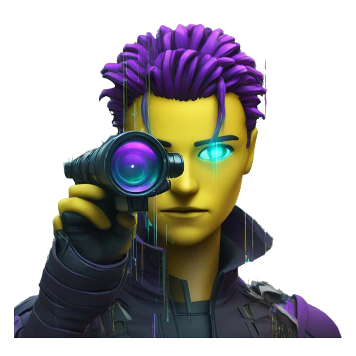 Secret human yellow emoji face agent with  cyberpunk elements with a spyglass scanning looking reviewing multicolor lines of code, cyan and purple colors, only upper body portrait sticker