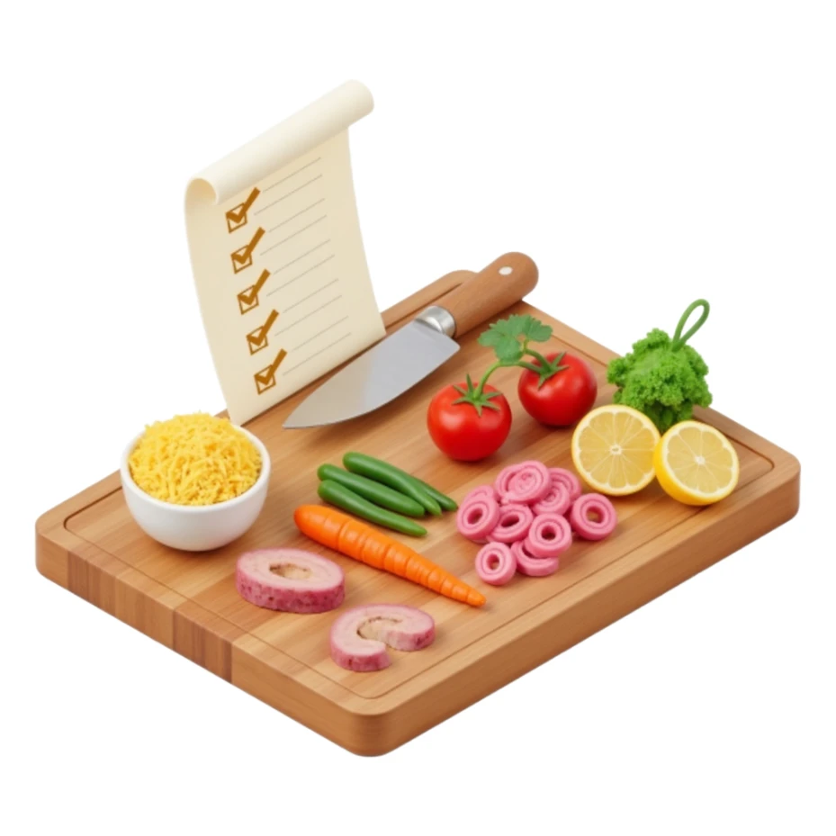 Ingredients on teh wooden cutting board with floating list with check box sticker