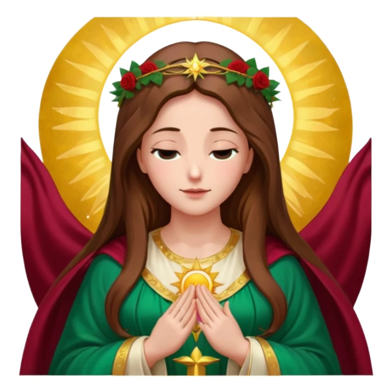 Virgin Mary, gentle face looking down left, long brown hair, emerald green robe with gold stars, burgundy dress, hands in blessing, halo, big sun behind, colorful roses on the sides sticker