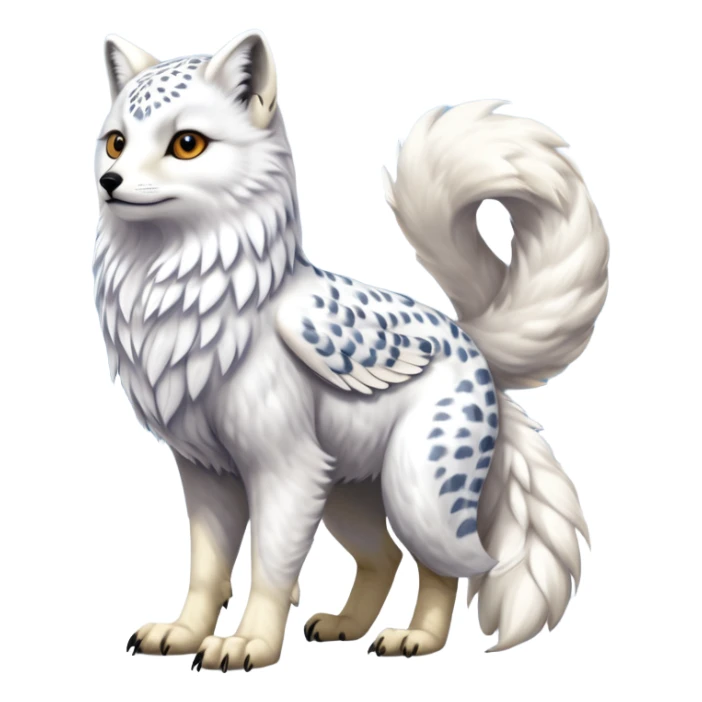 Realistic wild natural elegant pretty beautiful handsome shiny colorful furry 4-legged digitigrade beaky beaked arctic-fox-snowy-owl-snow-leopard-gryphon-griffin-albino-lion-fusion-hybrid-fursona-furry-animal-creature, full body, hyper-realism, long tufted tail sticker